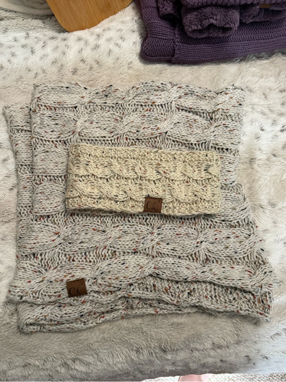 CC Confetti Oatmeal Infinity Cable Knit Scarf and Headband ear warmer Set